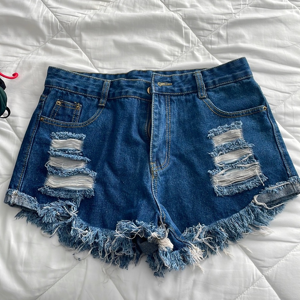high rise dark wash denim ripped shorts